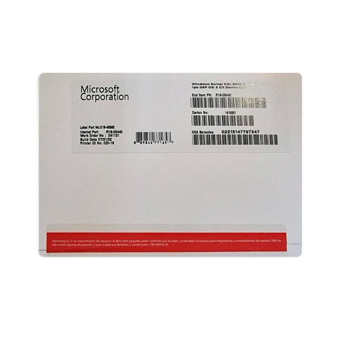Microsoft Windows Server CAL 2022 Spanish 1pk DSP OEI 5 Clt Device CAL (R18-06440)