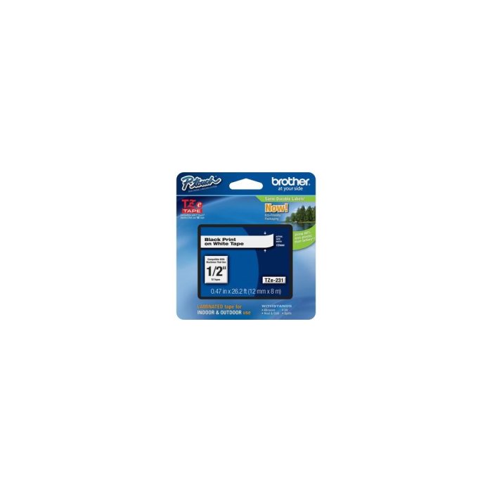 P-touch TZE231 Cinta para etiquetas - 11.94mm Ancho - Rectángulo - Blanco - 1 Solamente - Resistente a grasa, Resistente al Sucio, Resistente a la temperatura, Resistente a la Luz, Resistente a la abrasión, Resistente a salpicaduras