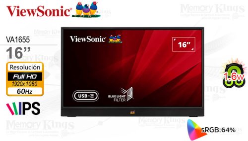 MONITOR portatil 16 VIEWSONIC VA1655 iPS FHD USB-C con Parlante integrado