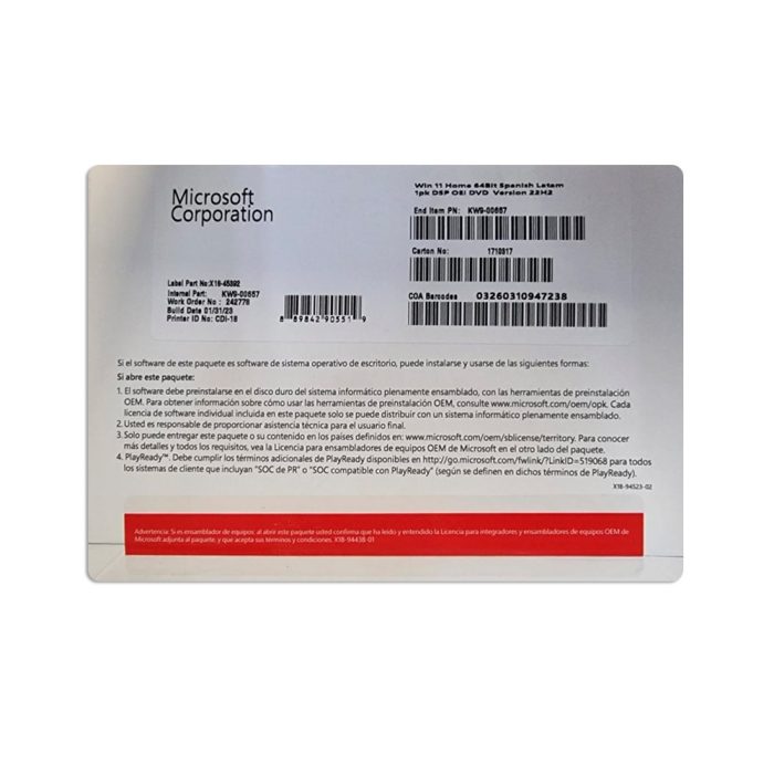 Sistema Operativo Microsoft Windows Home 11, 64 bits, español, 1pk, DSP OEM DVD.