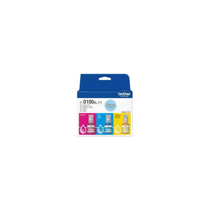 PACK OF 3 BOTTLES OF CYAN, MAGENTA AND YELLOW INK BTD100CL3PK YIELD 5,000 PAGES