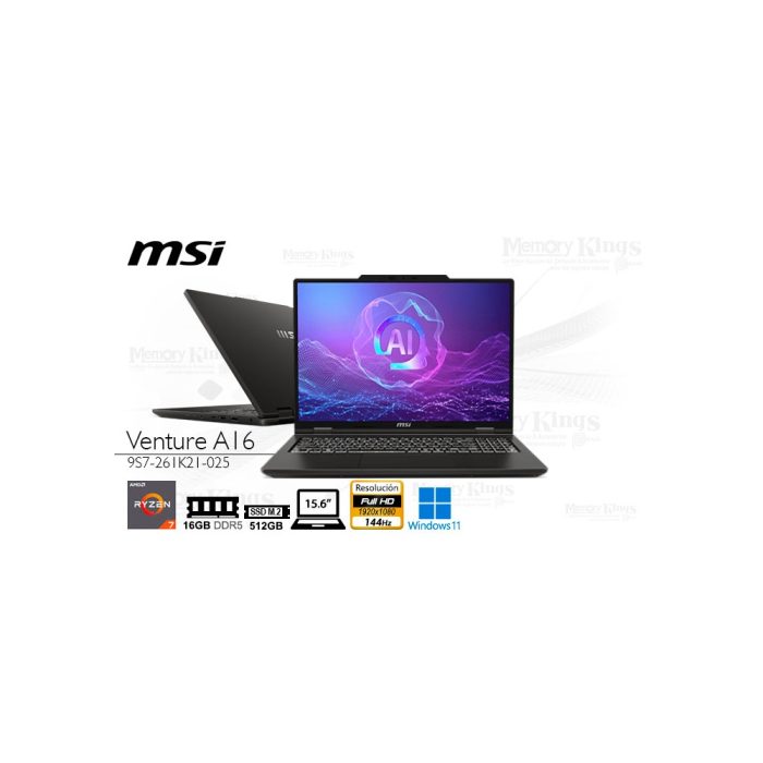 LAPTOP Ryzen AI 7 350 MSI Venture A16 AI+ A3HMG 16|512|15.6" graficos AMD Radeon, W11HOME