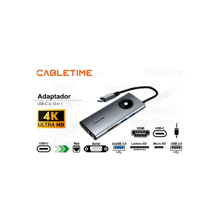 Docking Station CABLETIME CB91G 10 en 1 USB-C, con múltiples puertos y alta velocidad para tu laptop