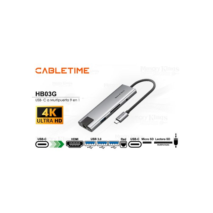 Adaptador Hub USB-C 9 en 1 CABLETIME HB03G - Conexiones rápidas y versátiles para tu dispositivo