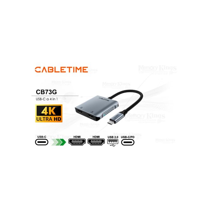 Adaptador USB-C a DUAL HDMI CableTime CB73G 4 en 1 - Conecta múltiples pantallas en alta definición