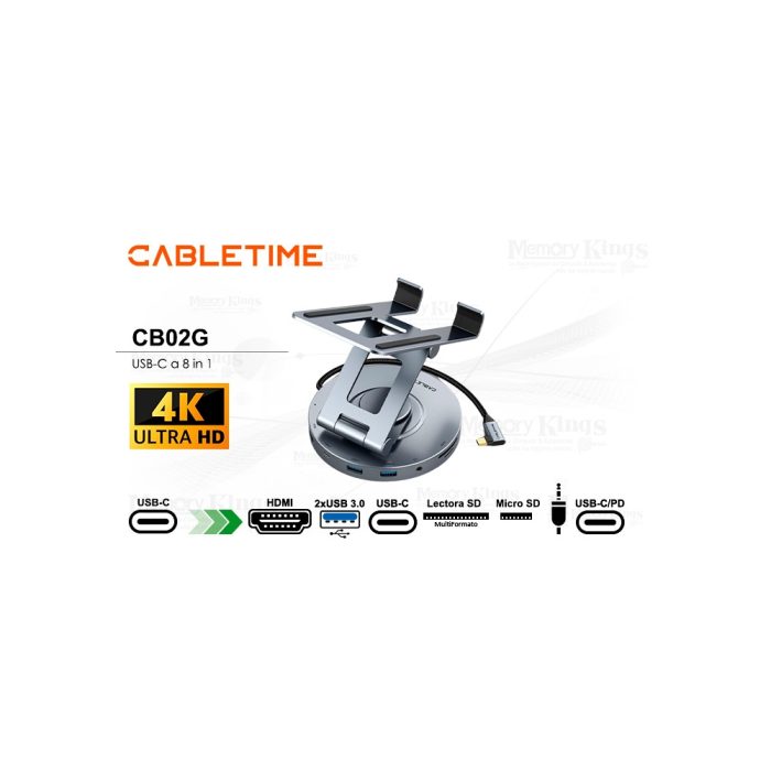 Soporte para tablet y hub 8 en 1 Cabletime CB02G, conexión rápida y versátil - Ideal para escritorio