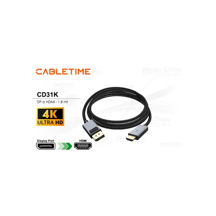Cable DP a HDMI 1.8m CABLETIME CD31K 4K 30Hz, alta definición y excelente compatibilidad