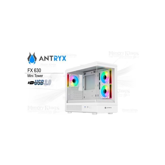 Caja Mini Tower ANTRYX FX-630M ARGB con 3 ventiladores, color blanco, ideal para PCs gaming.