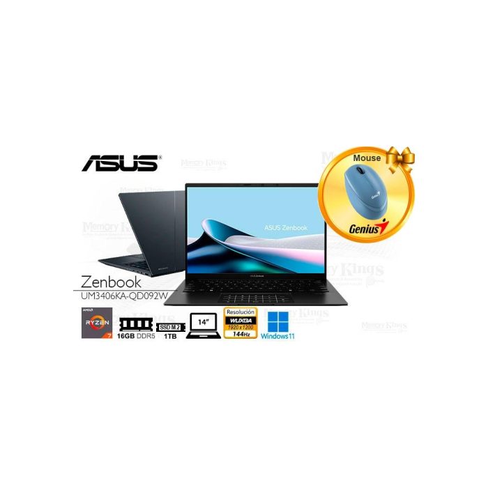 Laptop ASUS Zenbook 14, Ryzen 7, 16GB RAM, 1TB SSD, Radeon, Windows 11, 14" FHD, portátil ligero