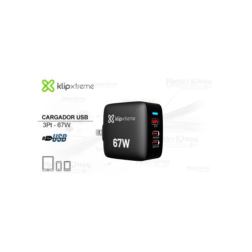 Cargador de pared Klip Xtreme 67W con 3 puertos USB para carga rápida y eficiente