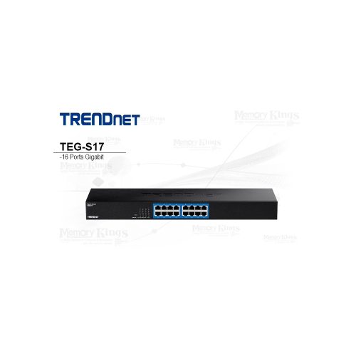 Switch Gigabit Ethernet de 16 puertos Trendnet TEG-S17 para montaje en rack, ideal para redes eficientes.