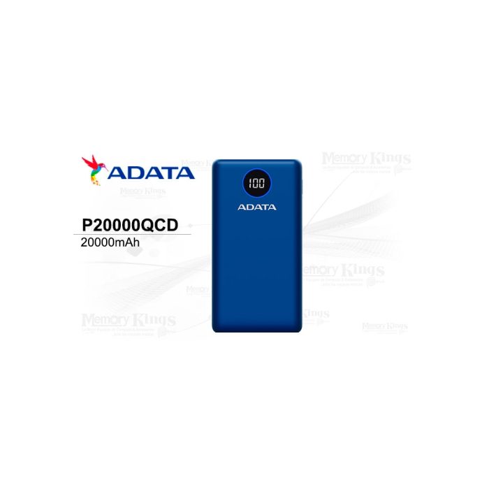 Cargador portátil ADATA P20000QCD 20000 mAh, azul, ultra rápido y compacto para tus dispositivos.