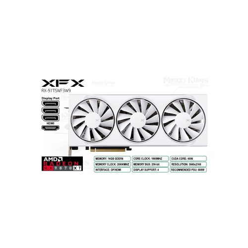 Placa de video XFX Radeon RX 9070 XT 16GB, 256-bit, alto rendimiento, diseño blanco