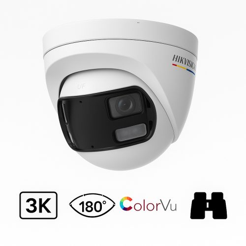 Cámara de vigilancia Hikvision 3K Bullet Turret con audio bidireccional y conexión avanzada.