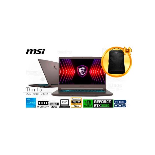 Laptop MSI Thin 15 B13UC, Core i5-13420H, 16GB RAM, 512GB SSD, Pantalla 15.6", GeForce RTX 3050 4GB