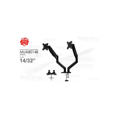 Soporte de Monitor Doble GAME PRO MUA8014B para Pantallas de 14" a 32" - Color Negro, Ajustable y Ergonomico