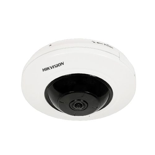 Cámara de vigilancia Hikvision 5MP Fisheye, fija, 1.05mm, ideal para seguridad en interiores y exteriores.