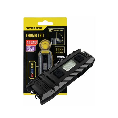 Linterna recargable Nitecore Thumb Leo 45 lúmenes, UV, roja y azul con clip para fácil transporte