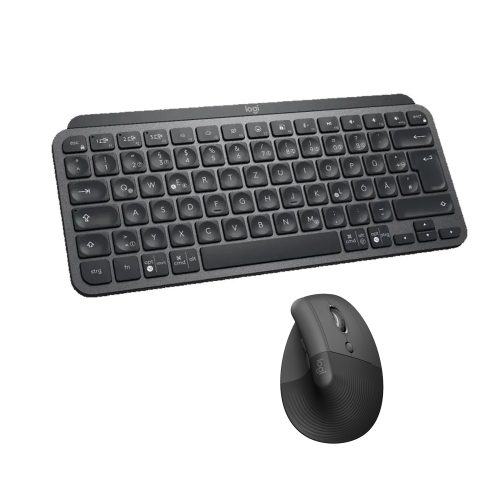 Teclado y mouse Logitech MX Keys Mini en color negro, diseño vertical y conectividad avanzada para productividad.