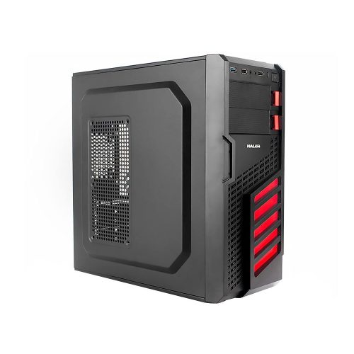 Case Halion Scorpion 400W, ventilador LED rojo, diseño negro con rojo, ideal para gamers y PC.