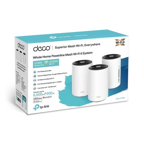 TP-LINK Deco PX50 V1 Sistema Wi-Fi Malla 3 Enrutadores 6500 pies cuadrados 1GbE G.hn